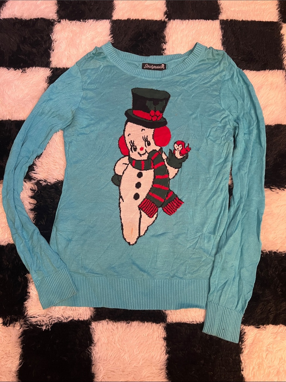 Sourpuss Turquoise Snowman Crewneck Sweater with Red & Black Accents